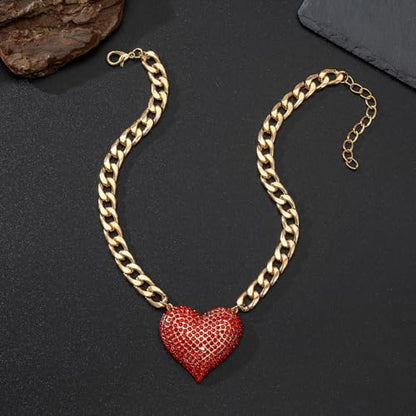 Gold Cuban Link Chain Necklace with Red Crystal Heart Pendant, Statement Chunky Curb Link Chain，Fashion Jewelry for Women - color: Red