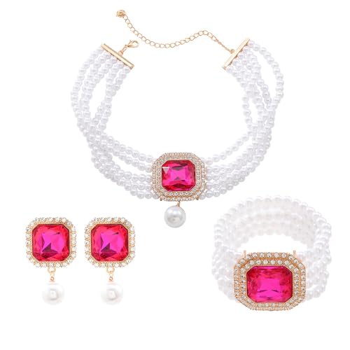 Fashion Bride Silver Black Green Bridal Layered Rhinestone Crystal 1920s Faux Pearls Necklace Earrings Bracelet Set Crystal Wedding Jewelry Set Rose Red Square Choker Necklace for Women - color: Rose Red