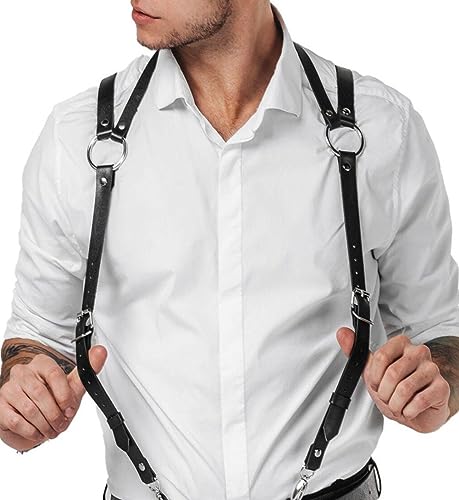 Mens Black Leather Armors Suspenders Shoulder Strap Body Chest Harness Chain Belt Adjustable Gay Punk Clubwear Costume - color: Black3