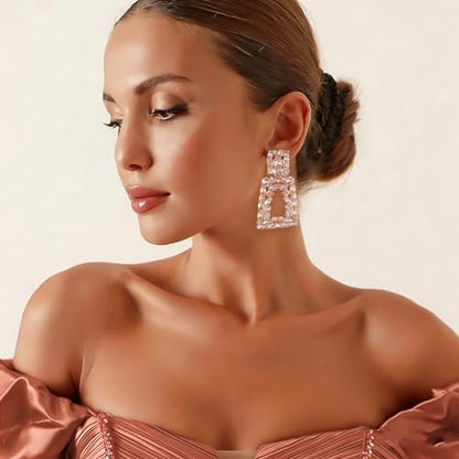 Flyonce Rectangle Clip-on Drop Earrings for Women, Sparkly Rhinestone Crystal Geometric Statement Non Pierced Earring Wedding Prom Party Jewelry for Brides Bridesmaid - color: Champagne Color