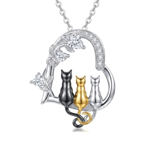 Heart Animal Necklace 925 Sterling Silver Cute Animal Pendant Jewelry Birthday Gifts for Women Girlfriend Mom Animal Lovers - style: 1-5 Three Cat
