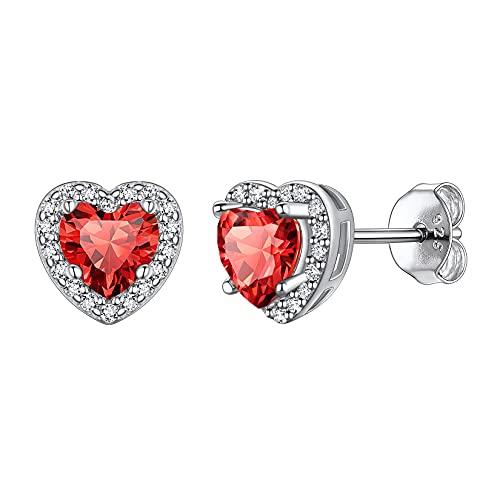 Suplight 925 Sterling Silver Birthstone Stud Earrings for Women, Round/Heart/Teardrop/Square Crystal Diamond Earrings for Women, Dainty Birthday Gifts Jewelry - color: style b-07. heart-July(Created Ruby)