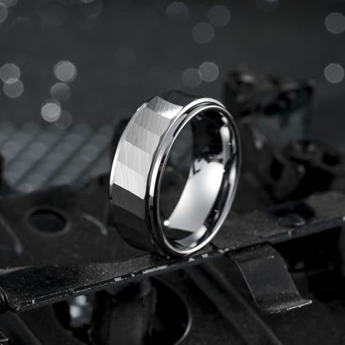 King Will Classic Tungsten Carbide Ring Brushed Two Grooved Center Hammered Design Mens Wedding Band for Men | Black/Silver/Gold, 8mm, Men's Wedding Band, Grooved, Comfort Fit, Everyday Wear - color: D-Siver Hammerd Design