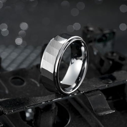 King Will Classic Tungsten Carbide Ring Brushed Two Grooved Center Hammered Design Mens Wedding Band for Men | Black/Silver/Gold, 8mm, Men's Wedding Band, Grooved, Comfort Fit, Everyday Wear - color: D-Siver Hammerd Design