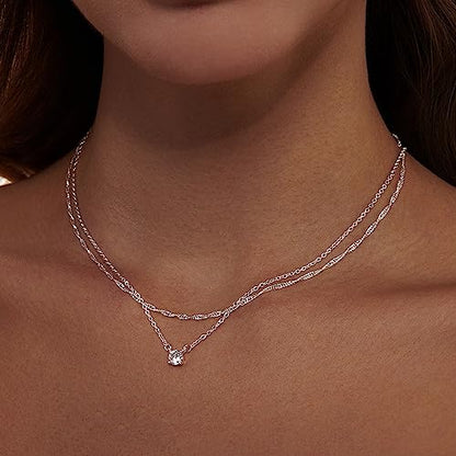 Zeffy Diamond Necklaces for Women, Dainty Gold Necklace 18k Gold Plated Layered Necklaces Simple Gold CZ Diamond Pendant Necklaces for Women Trendy Jewelry Gifts for Girls - color: Silver CZ Necklace