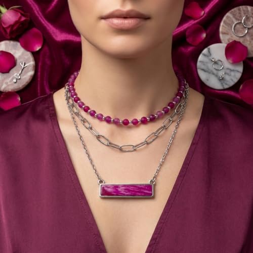 Layered Stone Necklace, Triple Strand Beaded Choker with Paperclip Chain, Boho Western Fashion Jewelry - color: Pink