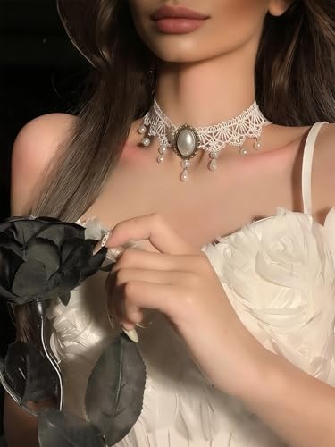 Lace Choker Necklace for Women Tassel Pendant Choker Necklaces Elegant Boho Collar Necklaces Statement Artistic Chain Necklace with Pearl Halloween Party Cosplay Costume Jewelry - color: White Lace Pearl-4