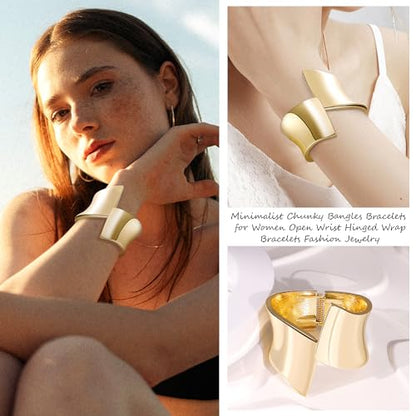 18K Gold Plated Wide Chunky Gold Cuff Bracelets for Women Chunky Bangle Bracelets Waterdrop Oval Irregular Trendy Wrist Wrap Bracelets Open Minimalist Thick Gold Wrist Cuff Bracelets - style: 18K Gold-E