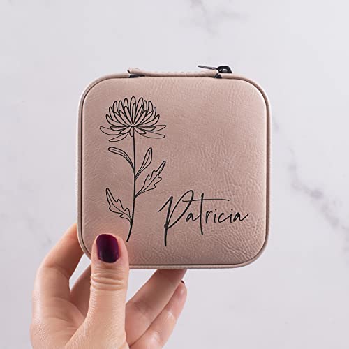 Custom Leather Jewelry Box w/Name & Birth Flower Month - Birthday Gifts for Women, Personalized Jewelry Travel Case - Customized Jewelry Organizer Box, Mom Birthday Gifts - Rustic - color: Rustic