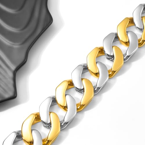 SDA Wide Chunky Gold Chain Necklace - Heavy and Waterproof 316L Surgical Steel with 18K Gold Plating for Modern Men and Women into Hip Hop Fashion - color: B115-Gold+White Gold