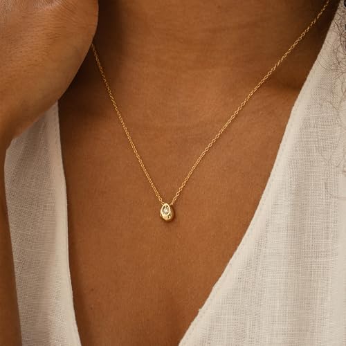 Gold Necklace for Women, 14k Gold Plated Cubic Zirconia Solitaire Pendant Necklace Waterproof Formal Necklaces for Women Cute Simple Necklaces Trendy Gold Jewelry Non Tarnish - color: Gold-round cz