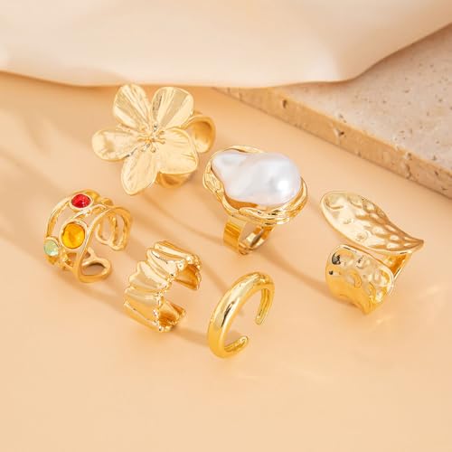 Gold Silver Chunky Ring Set for Women,Open Stacking Knuckle Statement Ring,Boho Flower Baroque Pearl Rings Set,Minimalist Aesthetic Rings Jewelry Gifts