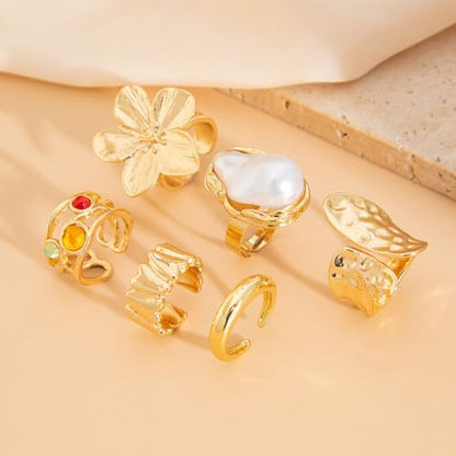 Gold Silver Chunky Ring Set for Women,Open Stacking Knuckle Statement Ring,Boho Flower Baroque Pearl Rings Set,Minimalist Aesthetic Rings Jewelry Gifts