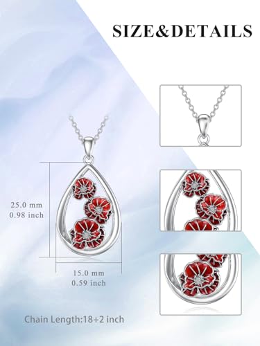 12 Month Birth Flower Necklace for Women 925 Sterling Silver Floral Teardrop Pendant Birthday Jewelry Gifts - color: 08. August Poppy