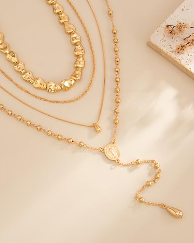 Gold Layered Necklaces for Women Chunky Layered Gold Necklaces Stacked Paperclip Chain Pearl Necklace Herringbone Toggle Clasp Choker Trendy Statement Jewelry Gifts - color: B2:long gold necklaces
