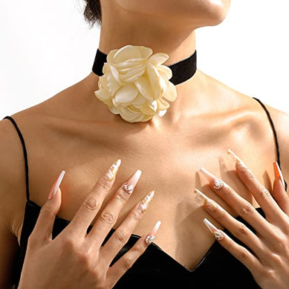 Rose Black Velvet Floral Choker Necklace - Camellia Daisy Rosette - Spring Summer Flower Jewelry - color: White