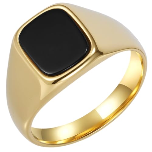 PAMTIER Men's Stainless Steel Gemstone Polished Signet Rings Classic Minimalist Square Cabochon Statement Band Jewelry Gift - color: Gold Black