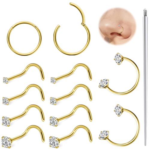 Hoeudjo 18G Horseshoe Nose Ring Surgical Steel Hinged Nose Hoops for Women Nose Studs 1.5MM/2MM/2.5MM/3MM Cubic Zirconia Bone & Screw & L-shaped Nostril Ring Body Piercing Jewelry for Women Men - color: goldtone,screw nose studs, size: 1.5/2/2.5/3mm CZ