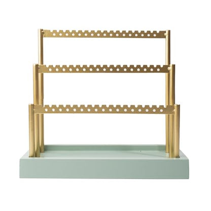 SANY DAYO HOME 3-Tier Earring Holder Organizer Stand, 105 Holes Gold Metal Earring Rack Jewelry Display Tree with Sage Green Wood Tray for Women and Girls - color: Gold Rack Green Base