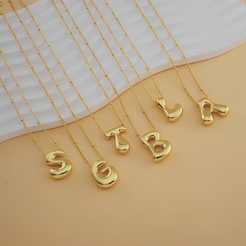 Bheop Initial Necklace for Women, Gold Silver A-Z Bubble Letter Necklace | Chunky Personalized Monogram Name Pendant, Cute Balloon Charm, Dainty Beaded Chain, Trendy Jewelry Gifts, Non Tarnish - color: Gold, style: T