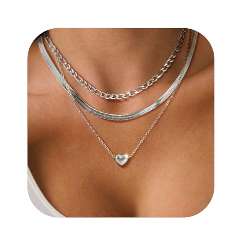 Layered Necklaces for Women,14k Gold Plated Dainty Necklace Stack Set Non Tarnish Adjustable Silver Stainless Steel CZ Heart Circle Pendant Paperclip Choker Herringbone Snake Chain Jewelry - style: Heart Layered Necklace-Silver
