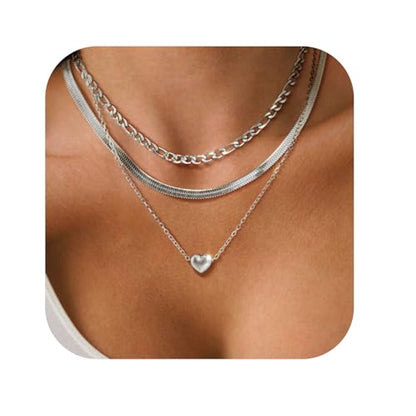 Layered Necklaces for Women,14k Gold Plated Dainty Necklace Stack Set Non Tarnish Adjustable Silver Stainless Steel CZ Heart Circle Pendant Paperclip Choker Herringbone Snake Chain Jewelry - style: Heart Layered Necklace-Silver