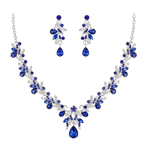Women's Wedding Jewelry Set Leaf Flower for Bridal Prom Party | Stunning Crystal Teardrop Marquise Cluster Pendant Necklace Dangle Earrings Set for Bride Bridesmaid - color: Royal Blue Silver-Tone