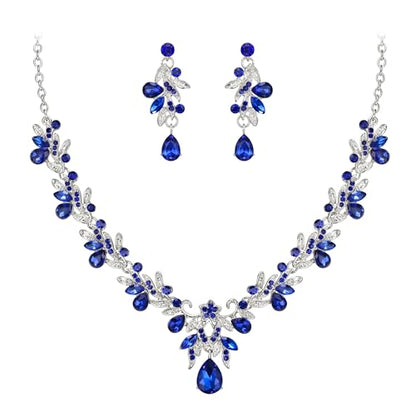 Women's Wedding Jewelry Set Leaf Flower for Bridal Prom Party | Stunning Crystal Teardrop Marquise Cluster Pendant Necklace Dangle Earrings Set for Bride Bridesmaid - color: Royal Blue Silver-Tone