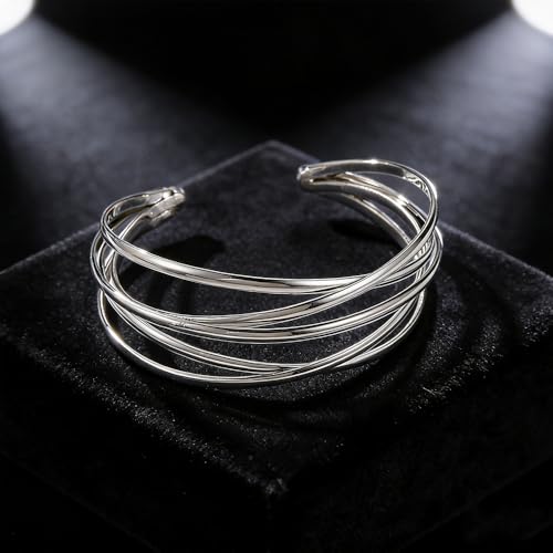 Multi-layer Cuff Bracelet for Women Gold Silver Chunky Cross Wire Bangle Bracelet Wide Adjustable Open Bracelet Trendy Statement Outfits Accessories - color: Silver