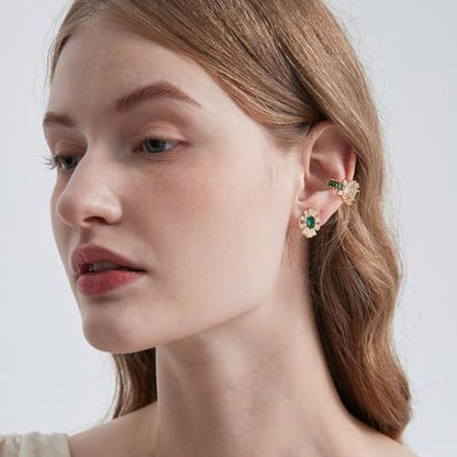 Gold Ear Cuff Earring for Women 14K Gold Plated Cubic Zirconia Non-Pierced Clip on Cartilage Chunky Ear Cuffs Hypoallergenic Jewelry - style: flower