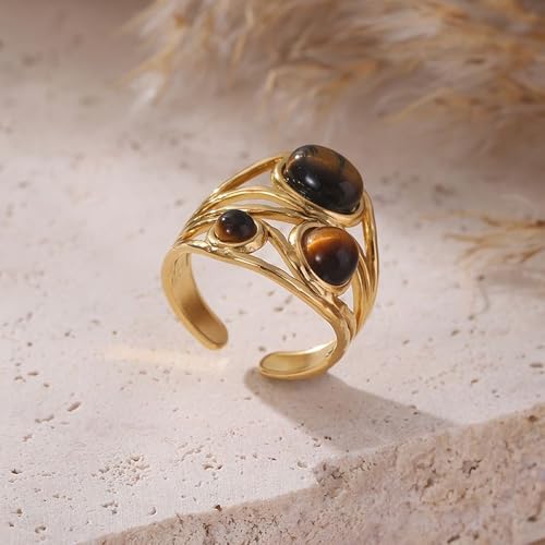 Western Captivating Tiger's Eye Stone Ring,Solitaire 8 * 10mm Oval Cut Gemstone 18K Gold Plated Stack 13mm Wide Ribbed Texture Band Statement Ring for Women - style: Tiger's Eye E