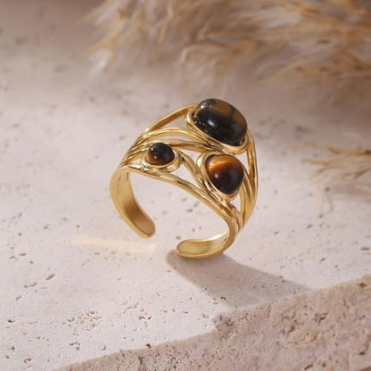 Western Captivating Tiger's Eye Stone Ring,Solitaire 8 * 10mm Oval Cut Gemstone 18K Gold Plated Stack 13mm Wide Ribbed Texture Band Statement Ring for Women - style: Tiger's Eye E