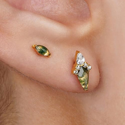 1PC ASTM F136 Titanium Piercing Jewelry for Tragus Conch Helix Flat Labret 18G 6mm 8mm, Cartilage Earring Flatback Stud - color: Moss Agate Marquise - Gold