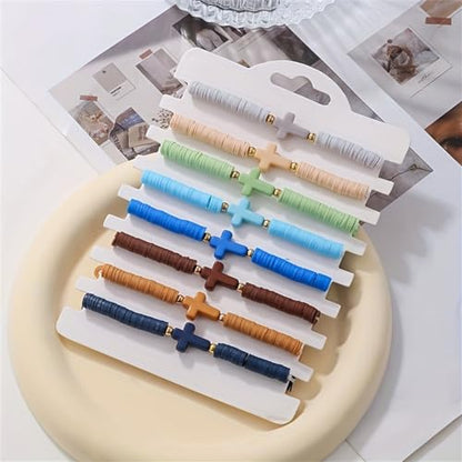 Friendship Bracelets for Women - Heishi Surfer Colorful Smile Evil Eye Clay Beaded Stretch Bracelets Elastic Layering - Stackable Boho Disc Y2K Aesthetic Summer Jewelry Set. - color: C-cross Rainbow 8pc - Cool