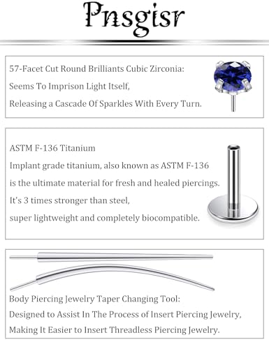 F136 Titanium 20/18/16G Earrings Nose Lip Rings Medusa Tragus Cartilage Helix Labret Flat Back Threadless Implant Grade Stud Piercing Jewelry for Women - color: Blue CZ, size: 16g*6/8/10mm*2/3/4mm