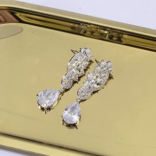 CZ Bridal Earrings for Wedding - 14k Plated Sterling Silver Elegant Teardrop Cubic Zirconia Crystal Rhinestone Floarl Leaf Cluster Chandelier Statement Dangle Drop Earrings for Bride Bridesmaids Party - color: 14K White Gold Plated