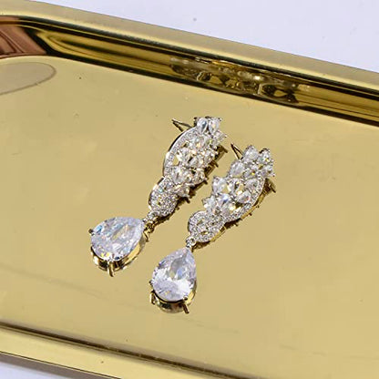 CZ Bridal Earrings for Wedding - 14k Plated Sterling Silver Elegant Teardrop Cubic Zirconia Crystal Rhinestone Floarl Leaf Cluster Chandelier Statement Dangle Drop Earrings for Bride Bridesmaids Party - color: 14K White Gold Plated