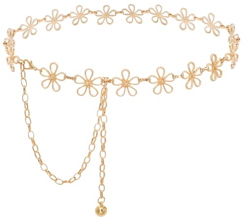 Women's Waist Chain Flower Metal Belt for Dresses Jeans | Adjustable Belly Waist Chain - color: Hollow Flower Gold, size: S: 105cm/41in