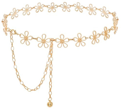 Women's Waist Chain Flower Metal Belt for Dresses Jeans | Adjustable Belly Waist Chain - color: Hollow Flower Gold, size: XL: 150cm/59in