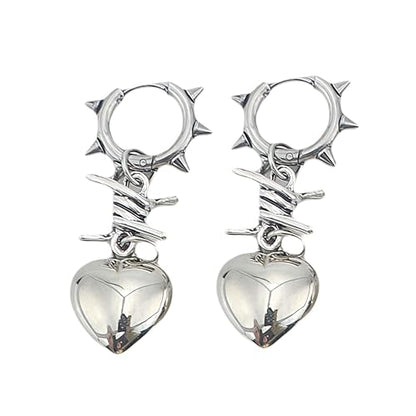 Punk Silver Heart Dangle Earrings with Spiked Huggie, Stainless Steel Gothic Spiky Hoop Earrings, Emo Y2K Edgy Jewelry for Women Streetwear Gift