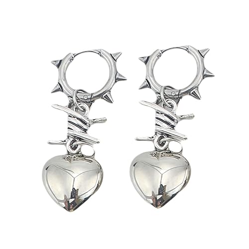Punk Silver Heart Dangle Earrings with Spiked Huggie, Stainless Steel Gothic Spiky Hoop Earrings, Emo Y2K Edgy Jewelry for Women Streetwear Gift
