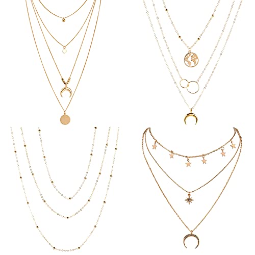 4-6Pcs Multiple Layered Necklaces for Women Choker Necklace with Moon Star Coin Chain Necklace Jewelry for Women - color: 4PCS Multiple Gold Necklace