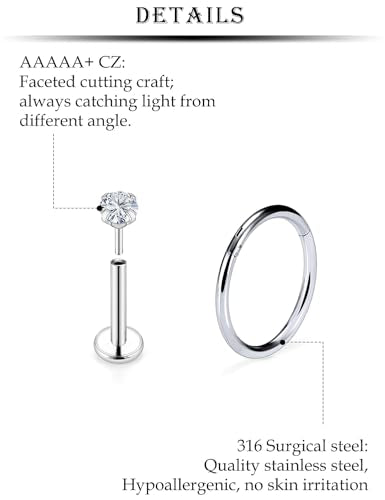 16G Lip Labret Medusa Rings Studs Internally Threaded 316L Surgical Steel Snake Bite Lip Rings Flat Back Catilage Tragus Helix Daith Earrings Piercings Jewelry for Women Men 8mm - color: 16G-6mm 8mm 10mm Bars + Hinged Clicker Ring + Silcer