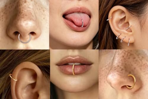 Lantine Nose Rings Hoops set for Women Set 316L Surgical Steel Septum Rings Rook Daith Tragus Piercing Jewelry Hinged Cartilage Hoop Earrings - color: 5Pcs Gold, size: 16G 8mm