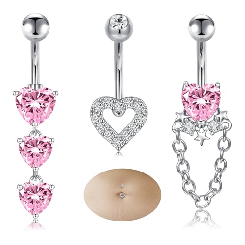 MODRSA Gold Belly Button Ring Dangle Belly Rings Silver Pink Dangling Dangly Belly Button Piercing Hypoallergenic Surgical Steel Opal Butterfly Navel Rings for Women Cute Dainty Navel Jewelry - color: B2- heart 3pcs - silver pink