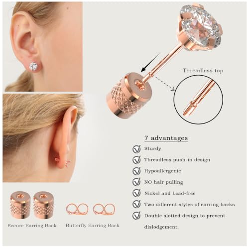 5-6 pairs Push-in Flat Back Stud Earrings Hypoallergenic Surgical Stainless Steel Cubic Zirconia Earrings Studs Set Multi-Pack, CZ Stud Earrings for Women Men Trendy Cartilage Stud Earrings 2-8mm - color: rose gold-4/5/6/7/8mm