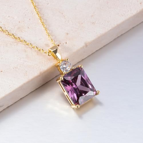 CiNily Rectangular Crystal Necklace for Women Trendy, Pendant Necklace with Chain 14K White Gold | Gold Plated Multicolor Birthstone Pendant Necklaces Boho Jewelry for Christmas Birthday Wedding - color: Gold-Purple cz