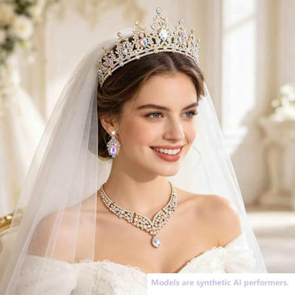 Kamirola Bridal Wedding Tiara Crown Jewelry Set for Women/Brides/Bridesmaids Crystal Jewelry Set for Wedding Prom Party Bridal Crystal Necklace Earrings Bracelet Set(TR60) - color: Gold AB
