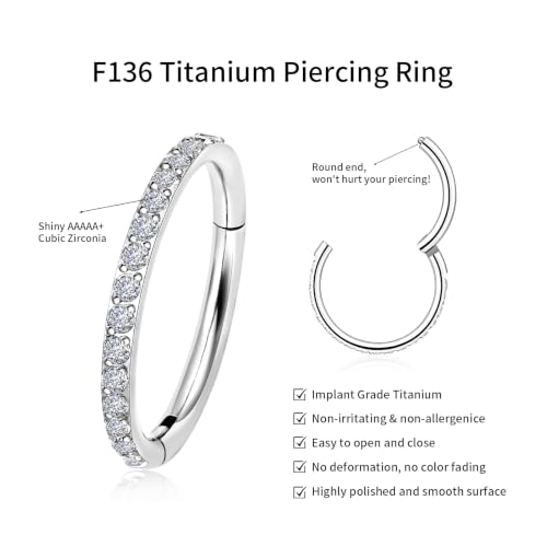 20G 18G 16G Titanium Hoop Nose Ring, Hinged Silver Gold Cartilage Hoop Earrings for Women, Clear CZ Conch Tragus Helix Earrings Septum Nose Piercing Jewelry 6/8/10mm - color: Sliver, size: 20g-10mm