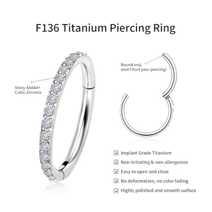 20G 18G 16G Titanium Hoop Nose Ring, Hinged Silver Gold Cartilage Hoop Earrings for Women, Clear CZ Conch Tragus Helix Earrings Septum Nose Piercing Jewelry 6/8/10mm - color: Sliver, size: 20g-10mm